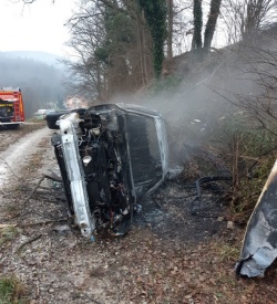 Avto, ki so ga v soboto pri Trsteniku gasili trebanjski gasilci. Voznik je imel srečo, je 'le' lažje poškodovan. (Foto: PGD Trebnje)