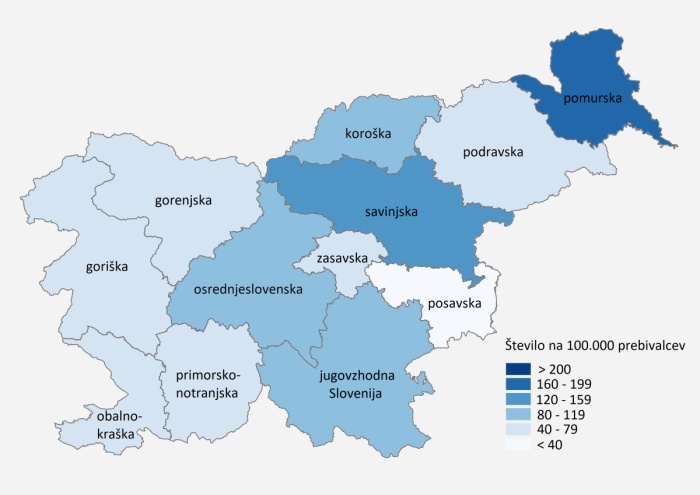 Število potrjenih primerov COVID-19 na 100.000 prebivalcev po statističnih regijah bivanja do vključno 12. 7. 2020 (NIJZ)