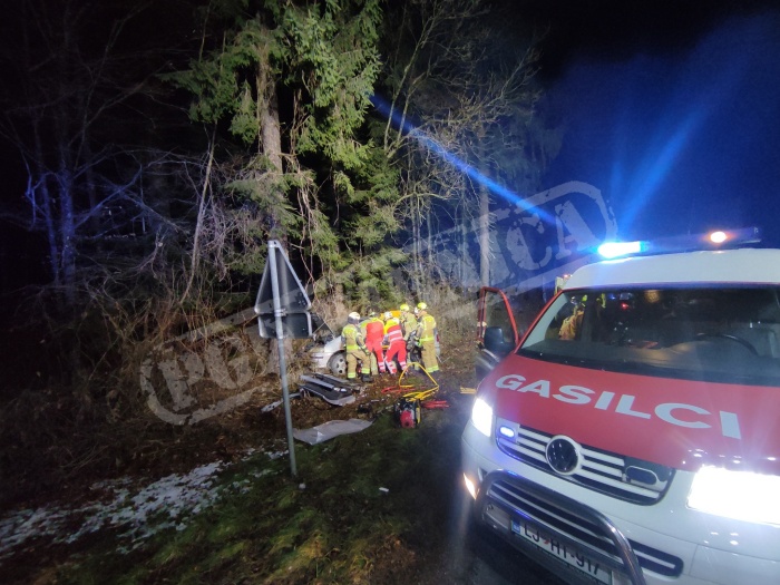 FOTO: Dva voznika trčila v drevo; vlamljali na parkirišču gasilcev (video)