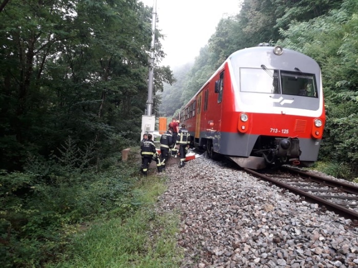Pri Jelovcu je zaradi skale na železniški progi potniški vlak iztiril tudi julija 2021. Fotografija je tedanja, iz arhiva. (Foto: PGD Sevnica)