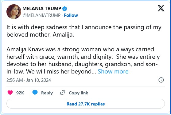 Umrla je Amalija Knavs, mama Melanie Trump