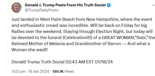 Melania je v svojem govoru, ki mu lahko prisluhnete spodaj v videoposnetku, o svoji mami govorila kot o ''babi''. Očitno so tako klicali Amalijo Knavs, saj je to besedo v slovenščini na svojem profilu na omrežju Social Truth uporabil tudi Donald Trump. Zapisal je, da bo današnji dan "posvečen pokopu (slavljenju!) velike  ženske, "babi", ljubljene Melaniine mame in Barronove babice – in kakšna  ženska je bila!"