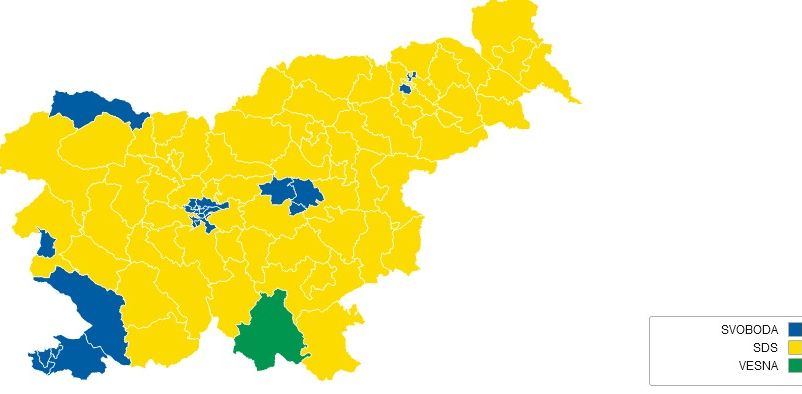 Vsi okraji tudi 6. Volilne enote (Dolenjska, Posavje in Bela krajina) so  obarvani rumeno, zmagala je torej SDS, Vesni pa je pripadla zmaga v VO  Kočevje, ki sodi v 4. Volilno enoto.
