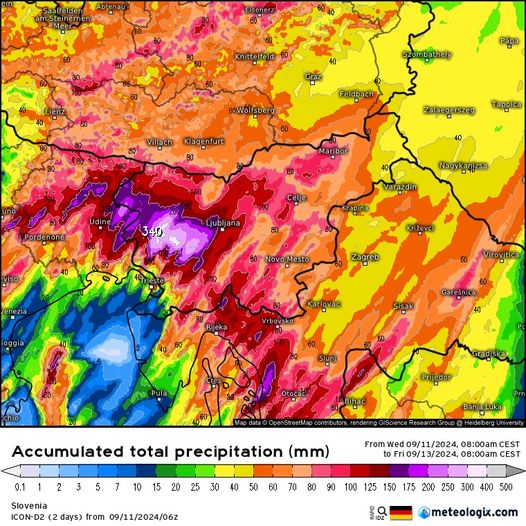 Za dele Slovenije so napovedane ekstremne padavine. (Neurje.si)