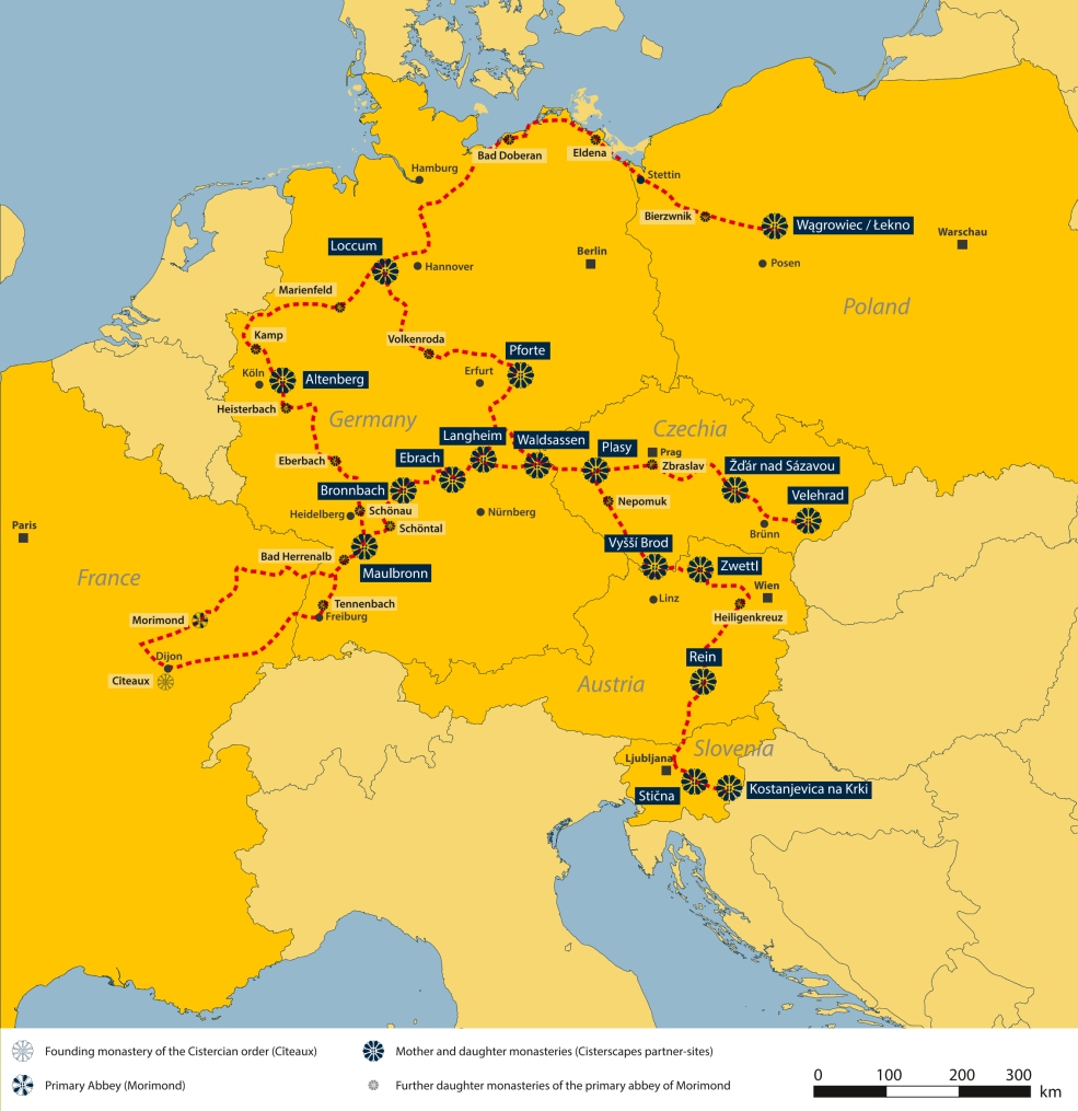 Zemljevid partnerjev projekta Cisterscapes in mednarodne pohodniške poti Pot cistercijanov.