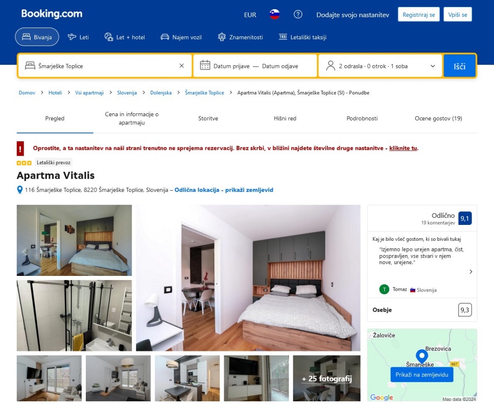 Oskrbovana stanovanja se v najem ponujajo tudi na platformi Booking.com.