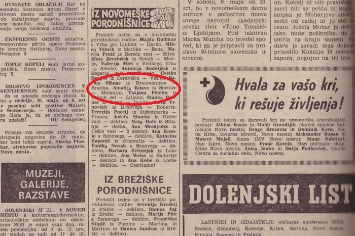 Melania Trump, takrat še Melanija Knavs, se je mami Amaliji rodila v novomeški porodnišnici, o čemer je 7. maja 1970 poročal tudi Dolenjski list, ki v rubriki Iz porodnišnic o rojstvih v naši regiji poroča že desetletja. (Izsek zadnje strani 19. številke Dolenjskega lista iz leta 1970)