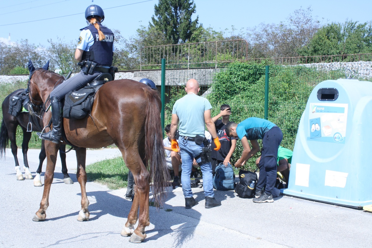 Fotografija je iz septembra leta 2023, ko je policija v Rigoncah prijela skupino migrantov prav v času,  ko sta se notranji minister Poklukar in generalni direktor policije  Jušić nedaleč stran pogovarjala z vaščani o ukrepih za zajezitev  migracij skozi vas. (Foto: M. L.)